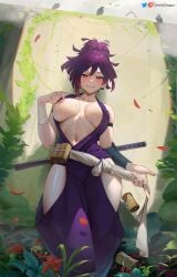 1girls 2023 big_breasts blush breasts cameltoe cleavage detailed_background exposed_nipples female flowers greatodoggo hi_res jigokuraku kunoichi light-skinned_female looking_at_viewer ninja nipple_bulge no_bra outside ponytail purple_eyes purple_hair revealing_clothes shiny_skin smooth_skin solo standing wet wet_body yuzuriha_(jigokuraku)