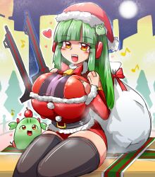 breast_squeeze busou_shinki huge_breasts santa_hat teeku thick_thighs