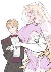 1cuntboy 2boys blonde_hair bridal_veil colored_skin cuntboy dio_brando elbow_gloves eyes_of_heaven father_and_son formal gay giorno_giovanna gloves green_eyes hand_grab heaven_ascension_dio height_difference huang_lia incest intersex jojo's_bizarre_adventure large_pectorals long_hair male/male multiple_boys muscular muscular_male navel nipples pectorals purple_skin pussy size_difference smile suit thick_thighs thighhighs thighs veil vento_aureo very_long_hair white_gloves