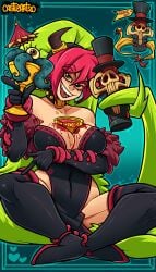 castleart choker cleavage demencia_(villainous) female food green_eyes green_hair horns looking_at_viewer red_hair sharp_teeth smile smug villainous