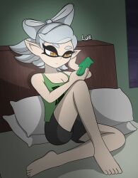 1girls artist_name barefoot black_shorts breasts cellphone cushion feet female female_only green_underwear hand_on_face inkling leg_lift luckster1234 marie_(splatoon) night night_sky nintendo on_bed only pale-skinned_female pale_skin phone ribbon_in_hair room short_hair sitting solo splatoon splatoon_(series) tired_eyes toes video_game_character yellow_eyes