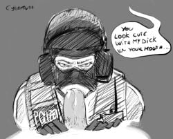 2boys bandit_(rainbow_six) blowjob_only cybertuna drawing drawn english english_dialogue english_text eye_contact face_closeup gay gay_blowjob gay_sex gsg9 helmet male male_only male_sub males malesub mask masked_male no_visible_genitalia polizei pov pov_blowjob pov_eye_contact rainbow_six rainbow_six_siege tachanka_(rainbow_six) tactical_gear tactical_vest tagme tom_clancy ubisoft yaoi