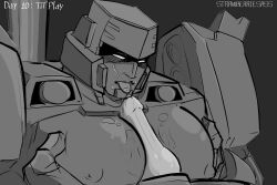 1boy alien alien_humanoid big_breasts cum cum_on_breasts gay gay_sex male_with_breasts megatron monochrome paizuri robot robot_humanoid strawberriesass titjob transformers transformers_idw