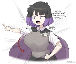 angry angry_eyes angry_face angry_female big_breasts black_cape black_hair black_skirt breasts grey_vest hilda_(series) kaisa_(hilda) large_breasts looking_at_viewer magister_jp purple_cape purple_eyes purple_hair shirt two_tone_cape two_tone_hair vest white_background white_shirt