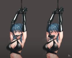 1girls armpits arms_above_head arms_up ball_gag belly_button blue_eyes blush bondage bound bound_wrists byleth_(fire_emblem) byleth_(fire_emblem)_(female) chains cleavage cuffs dildo dildo_gag dildo_in_mouth edit elbow_gloves female femsub fire_emblem fire_emblem:_three_houses gag gagged gloves hands_tied k52 large_breasts latex latex_gloves latex_suit light_blush long_gloves looking_at_viewer midriff nintendo runny_makeup sex_toy solo sweat teal_hair tears third-party_edit tongue tongue_out wrist_cuffs