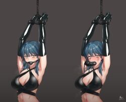 1girls armpits arms_above_head arms_up ball_gag belly_button blue_eyes blush bondage bound bound_wrists byleth_(fire_emblem) byleth_(fire_emblem)_(female) chains cleavage cuffs dildo dildo_gag dildo_in_mouth edit elbow_gloves eyes_rolling_back female femsub fire_emblem fire_emblem:_three_houses gag gagged gloves hands_tied k52 large_breasts latex latex_gloves latex_suit light_blush long_gloves looking_at_viewer midriff nintendo runny_makeup sex_toy solo sweat teal_hair tears third-party_edit tongue tongue_out wrist_cuffs