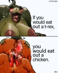 absurd_res anal anthro anthro_only areola ass avian band1tnsfw big_areola big_breasts big_butt bird blush blush_lines breasts butt_grab chicken cross-eyed cunnilingus digital_drawing_(artwork) digital_media_(artwork) dinosaur duo english_text female female/female female_anthro galliform gallus_(genus) glistening glistening_breasts hand_on_butt hi_res lips long_nails long_nipples looking_at_viewer meme nipples oral overweight overweight_anthro overweight_female phasianid raised_tail reptile rimming scalie sequence sex simple_background smile tail text theropod thick_lips thick_thighs tyrannosaurid tyrannosaurus tyrannosaurus_rex vaginal_penetration