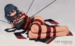 1girls alternate_costume angry arms_behind_back barefoot blue_eyes bondage bound bound_ankles bound_arms bound_hands bound_legs breasts byleth_(fire_emblem) byleth_(fire_emblem)_(female) chains choker cloth_gag dancer dancer_outfit feet female female_only femsub fire_emblem fire_emblem:_three_houses fully_clothed gag large_breasts looking_at_viewer nintendo on_side over_the_mouth_gag rainnear solo teal_hair tied_up unhappy_female