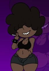 1girls 2020s 2023 big_ass big_breasts biting_lip biting_own_lip black_shorts black_tank_top blucy_(spookyryder) bracelet brown_hair cigarette cute dark-skinned_female dark_skin female ghostlydoodles hair_over_eyes lucy_loud nickelodeon original original_character race_swap shorts shortstack spiked_bracelet spookyryder tagme tank_top the_loud_house thick_thighs