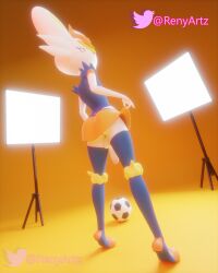 3d_(artwork) absurd_res anthro ass ball balls blender_(software) bottomwear cinderace clothed clothing clothing_lift digital_media_(artwork) femboy generation_8_pokemon genitals girly hi_res lagomorph leporid lights looking_at_viewer male male_cinderace mammal nintendo orange_background penis pokemon pokemon_(species) presenting presenting_hindquarters rabbit rear_view renyartz shirt simple_background skirt skirt_lift solo standing topwear white_body