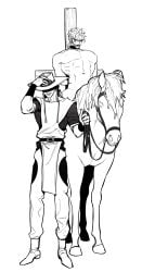 2boys bondage bondage bound cross crucifixion dio_brando full_body gagged gay hat hol_horse horse horseback_riding huang_lia jojo's_bizarre_adventure large_pectorals male male_focus male_only medium_hair monochrome multiple_boys navel nipples pectorals riding stardust_crusaders vampire yaoi