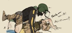 2boys artist_request bandit_(rainbow_six) bike_helmet english_dialogue english_text gay gay_anal gay_sex helmet male male_focus male_penetrated male_penetrating male_sub mozzie_(rainbow_six) rainbow_six rainbow_six_siege tagme tom_clancy ubisoft yaoi