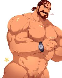 1boy abs adjusting_clothes bara beard bulge collarbone commission completely_nude cowboy_shot dark-skinned_male dark_skin earrings facial_hair flaccid forearms grin heart highres jewelry large_pectorals leobongnana looking_at_viewer male_focus male_only mature_male medium_hair muscular muscular_male navel nipples nude original out-of-frame_censoring pectorals penis penis_peek ponytail smile solo thick_mustache thick_thighs thighs