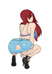 anus anus_cutout anus_peek ass commission erza_scarlet fairy_tail female high_heels hoop_earrings jean_shorts jeans lewdwigvondrake looking_at_viewer looking_back ripped_clothing ripped_pants