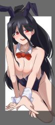 1girls beauty_mark black_hair blush breasts bunnysuit cleavage eyebrows_visible_through_hair fake_animal_ears fake_rabbit_ears female female_only gan_miwon huge_breasts jjawang2_(gzz) light-skinned_female light_skin nose_blush original ponytail red_eyes solo