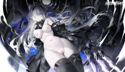 animal_ears black_thighhighs breasts grey_eyes grey_hair highres kkachiman large_breasts long_hair looking_at_viewer no.21 punishing:_gray_raven pussy tall_female thighhighs thighs