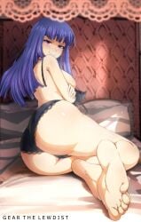 07th_expansion 1girls absurd_res absurdres ass barefoot bed bed_sheet big_ass blue_hair blush breasts feet female female_only frederica_bernkastel gear_art hime_cut large_ass large_breasts large_butt long_hair looking_at_viewer no_bra panties purple_eyes smug solo solo_female umineko_no_naku_koro_ni