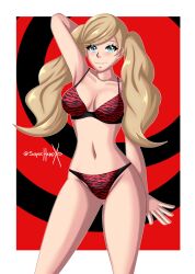 2023 ann_takamaki artist_name atlus big_breasts bikini blonde_hair blue_eyes blush bra breasts cleavage female female_only hand_behind_head hourglass_figure looking_at_viewer panties persona persona_5 pigtails solo sonicheroxd