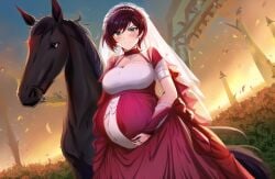 ai_generated bestiality big_breasts black_hair bride equine groom horse husband_and_wife interspecies interspecies_pregnancy married_couple married_to_feral pregnant pregnant_belly pregnant_female red_hair ruby_rose rwby two_tone_hair zoophilia