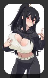 1girls beauty_mark belly_button big_breasts black_hair blush breast_grab breasts cleavage clothed clothing eyebrows_visible_through_hair female female_only gan_miwon jjawang2_(gzz) leggings light-skinned_female light_skin nose_blush original ponytail red_eyes solo sportswear