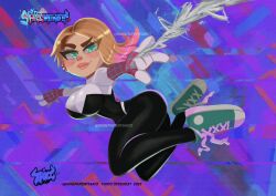 1girls big_breasts blonde_hair bodysuit breasts eyebrow_piercing female female_only gwen_stacy kingpapermario marvel marvel_comics solo spider-gwen spider-man:_into_the_spider-verse spider-man_(series) superheroine