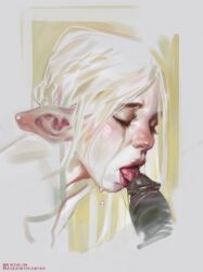 1boy artist_name blonde_hair closed_eyes crying dark_eyebrows elf elf_ears eyelashes fellatio female from_side large_ears licking licking_penis long_hair oral penis platinum_blonde_hair pointy_ears sabudenego tears tongue tongue_out web_address