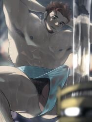 1boy abs anal_hair aqua_loincloth armpits arms_behind_head bara beard brown_hair bulge cum cum_in_clothes cum_through_clothes erection erection_under_clothes facial_hair feet_out_of_frame from_below fundoshi goburin_second harumi_(goburin_second) highres large_pectorals leg_hair loincloth looking_at_bulge male_focus male_only male_underwear mature_male muscular muscular_male nipples original pectorals penis penis_peek see-through short_hair showering solo solo_male squatting thick_thighs thighs translation_request underwear water wet wet_clothes wet_male_underwear