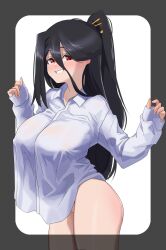 1girls black_hair blush breasts eyebrows_visible_through_hair female female_only gan_miwon jjawang2_(gzz) light-skinned_female light_skin nipple_bulge no_bra no_panties no_pants nose_blush original ponytail red_eyes shirt shirt_only solo