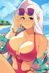 1girls :3 bare_shoulders beach big_breasts blue_eyes blush bracelet breasts chest cleavage collarbone earrings female female_only glasses half-closed_eyes hand_up highres june_(squeezable) large_breasts lifting_sunglasses lips long_hair looking_at_viewer mole mole_on_breast mole_under_eye o-ring one-piece_swimsuit original outdoors outside push-up red_swimsuit sky smile smug solo squeezable sunglasses sunglasses_on_head swimsuit tanned tanned_skin tight_clothing white_hair