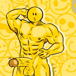 1boy balls bara biceps digital_media_(artwork) erection giggler glaggleland male_only motion_lines muscular muscular_male naked_male roblox six_pack solo_male strong tagme yellow_background yellow_penis yellow_skin