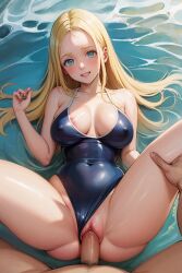 ai_generated blonde_hair blue_eyes blue_mizugi erect_nipples erect_nipples_under_clothes huge_breasts kofune_ushio long_hair mizugi nipples_visible_through_clothing pool summertime_render swimsuit swimsuit_aside