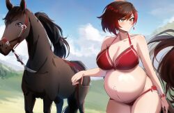 ai_generated bikini black_hair breasts equine female horse implied_bestiality implied_sex interspecies_pregnancy pregnant pregnant_belly red_hair ruby_rose rwby silver_eyes