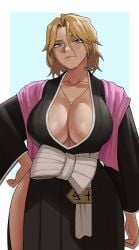 1girls bleach bleach:_the_thousand-year_blood_war blonde_hair blue_eyes breasts cleavage fat_breasts female gud0c huge_breasts kimono light-skinned_female light_skin looking_at_viewer matsumoto_rangiku short_hair veiny_breasts