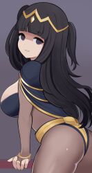 1girls absurdres ass big_ass black_hair blunt_bangs bodystocking breasts bridal_gauntlets cape circlet female female_only fire_emblem fire_emblem_awakening from_behind highres kocha_(jgug7553) large_breasts long_hair looking_at_viewer looking_back purple_background purple_eyes smile solo tharja_(fire_emblem) twintails