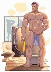 3boys absurdres backlighting bara barefoot bath_stool bathhouse black_hair blush bucket collarbone covering covering_crotch dripping facial_hair facing_viewer goatee highres holding holding_bucket holding_towel indoors large_pectorals linea_alba looking_to_the_side male_focus male_pubic_hair minoru_(jxgn4877) multiple_boys muscular muscular_male navel navel_hair nipples nude_cover original pectorals penis pubic_hair see-through short_hair shower_head solo_focus standing steam stool tile_floor tiles towel wet wet_towel