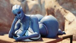 3d asari ass ass_focus big_breasts bikini bikini_bottom bikini_top bored huge_breasts knyaz liara_t'soni mass_effect oiled_ass oiled_skin outside phone relaxing solo tagme thick_ass thong_bikini