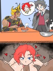 1boy 1girls blowjob boudica boudica_(fate) comic comission commentary_request fate/grand_order fate_(series) hidden_sex mr.z netorare oral romulus_(fate) tagme under_table