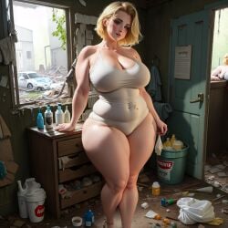 1girls ai_generated big_ass big_breasts big_butt dirty_blonde_hair female head_tilt huge_breasts messy_room short_hair tagme thick_ass thick_thighs trash white_panties white_shirt