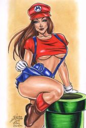 1girls 2023 ed_benes_studio female female_only hi_res huge_breasts long_hair mario mario_(cosplay) mario_(series) seductive_look solo_focus super_mario_bros. voluptuous voluptuous_female warp_pipe