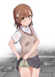 1girls 2020s 2023 :) bare_thighs blush brown_eyes brown_hair brunette clothed clothed_female female hair_flower hair_ornament hi_res lifted_by_self looking_at_viewer matching_hair/eyes miniskirt misaka_mikoto puddle raining school_uniform schoolgirl short_hair shorts shorts_under_skirt skirt skirt_lift smile solo standing stone_floor tabu teenage_girl teenager thick_thighs thighs to_aru_kagaku_no_railgun to_aru_majutsu_no_index tokiwadai_school_uniform water wet white_background young