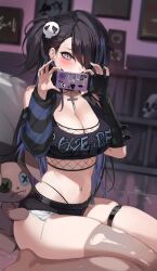 1girls bedroom belly_button black_hair black_nails blush breasts cleavage clothes_writing crop_top cross cross_earrings cross_necklace earrings female female_only fishnets g-string goth goth_girl large_breasts midriff nail_polish oh_(aung_ae) original original_character plushie selfie short_shorts solo thick_thighs thighs tummy