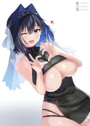 black_panties black_shirt black_skirt blue_bow blue_hair blush bow bow_earrings breasts chain_headband chains earrings female hair_intakes headband heart heart_hands hololive hololive_english hololive_english_-council- hololive_english_-promise- huge_breasts instagram_username jewelry large_breasts looking_at_viewer miniskirt mr.canaryy multicolored_hair nipples oerba_yun_fang one_eye_closed ouro_kronii ouro_kronii_(1st_costume) panties pixiv_id revealing_clothes shirt short_hair simple_background skirt sleeveless sleeveless_shirt smile thick_thighs thighs twitter_username two-tone_hair underboob underwear veil virtual_youtuber white_background