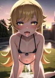 1girls after_fellatio after_sex ai_generated all_fours bakemonogatari bikini blonde_hair cum_in_mouth cum_on_tongue female_only flat_chest long_hair looking_at_viewer micro_bikini monogatari_(series) open_mouth oshino_shinobu qbey solo_female yellow_eyes