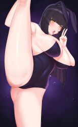 1girls black_hair blush bunnysuit clothed clothing eyebrows_visible_through_hair fake_animal_ears fake_rabbit_ears female female_only leg_up light-skinned_female light_skin moe_miyabi open_mouth solo superegg(555) tongue tongue_out v_sign virtual_youtuber virtual_zeven yellow_eyes