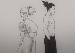 1boy 1boy1girl 1girls babydoll back_to_back before_sex breasts canon_couple coat couple greyscale lingerie lipstick long_hair looking_at_another looking_at_each_other looking_at_partner looking_back makeup male/female monochrome nanxdaime nara_shikamaru naruto naruto:_the_last naruto_(series) naruto_shippuden pants robe shirtless shirtless_(male) sideboob straight temari tied_hair twintails