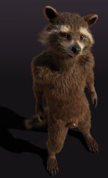 3d_(artwork) absurd_res animal_genitalia anthro brown_body brown_eyes brown_fur claws digital_media_(artwork) disney facial_markings front_view fur genitals guardians_of_the_galaxy head_markings hi_res high-angle_view looking_at_viewer male male_only mammal markings marvel mask_(marking) nude penis procyonid raccoon retracted_sheath rocket_raccoon rockyrcoon sheath simple_background solo standing white_muzzle