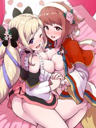 2girls ;d alternate_costume ass big_ass black_choker blonde_hair blush boris_(noborhys) breast_press breasts breasts_out choker elise_(fire_emblem) elise_(valentine)_(fire_emblem) embarrassed female female_only fire_emblem fire_emblem_fates fire_emblem_heroes highres long_hair looking_at_viewer medium_breasts medium_hair multiple_girls nervous nintendo nipples official_alternate_costume one_eye_closed open_mouth pink_eyes pink_hair purple_eyes sakura_(fire_emblem) sakura_(valentine)_(fire_emblem) smile sweat symmetrical_docking twintails very_long_hair