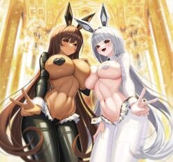 2girls blanc_(nikke) blunt_bangs breast_press brown_hair bunny_ears collar cowboy_shot dark-skinned_female eyebrows_visible_through_hair fake_animal_ears female female_only fins_(pixiv29142276) goddess_of_victory:_nikke heart heart_pasties hi_res high_waisted_pants huge_breasts light-skinned_female long_sleeves medium_breasts navel necktie noir_(nikke) playboy_bunny reverse_bunnysuit shimaidon shrug_(clothing) siblings sisters twins v very_long_hair white_hair