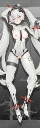 absurd_res armor blush body_pillow_design bodysuit breasts_out clothed full_body headgear high_heels highres large_breasts luna_(punishing:_gray_raven) nipples punishing:_gray_raven pussy robot_girl solo symbol-shaped_pupils twintails white_hair