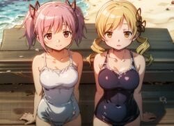 2girls ai_generated artist_request beach belly_button belly_button_visible_through_clothing big_breasts black_mizugi cute drill_hair female female_only looking_at_viewer madoka_kaname magia_record:_mahou_shoujo_madoka_magica_gaiden magical_girl mahou_shoujo_madoka_magica mizugi pink_eyes pink_hair puella_magi_madoka_magica ribbons swimsuit tight_clothing tomoe_mami twintails white_mizugi yellow_eyes yellow_hair